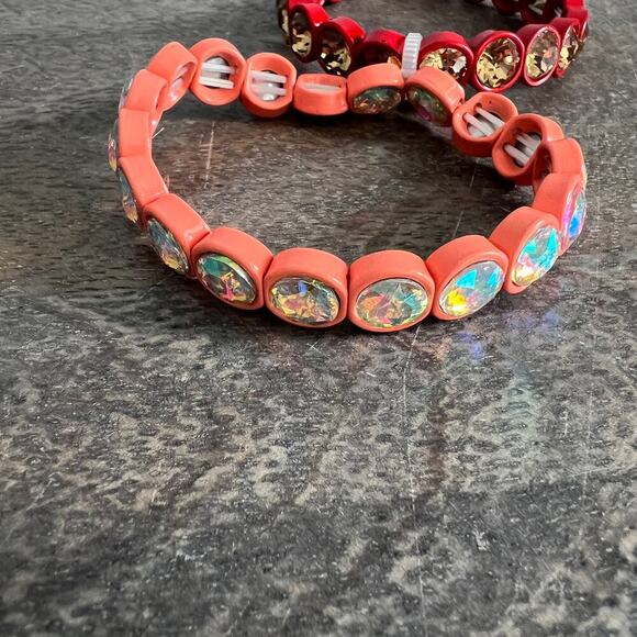 New Multicolor iridescent large rhinestone stretch bracelets - coral and red - Picture 4 of 5